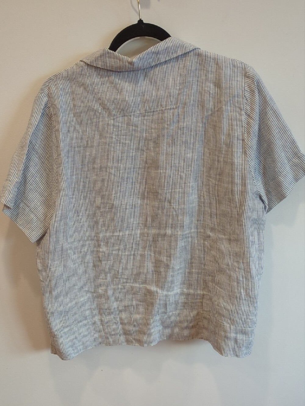 Coastal Quince Blue White Pin stripe Linen Short Sleeve Button Up Boxy Crop Lg - Picture 5 of 5